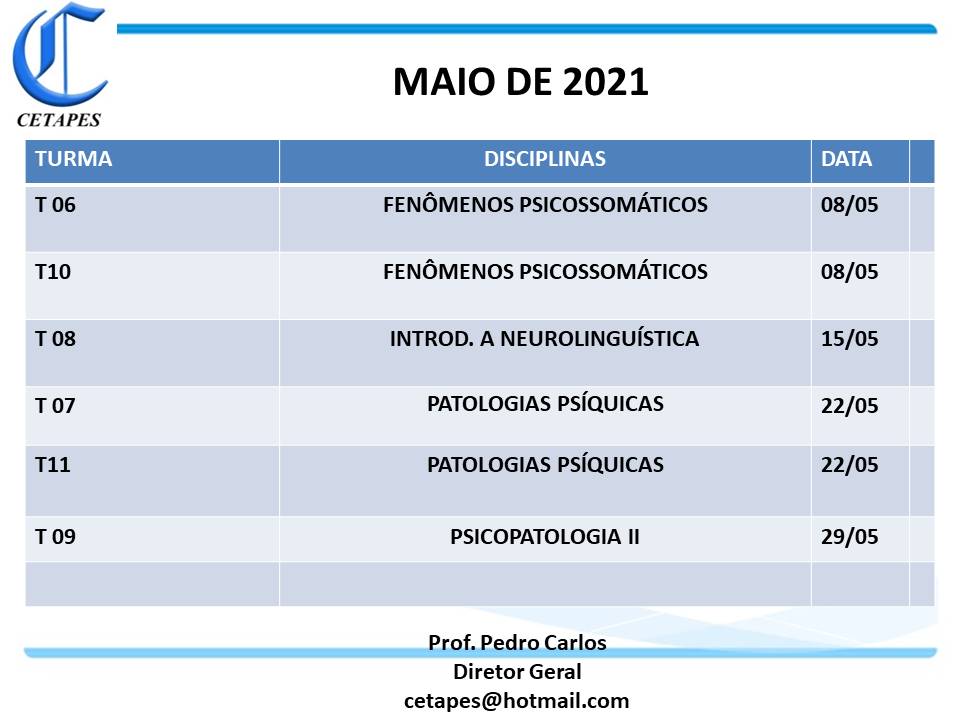 CRONOGRAMA MAIO 21