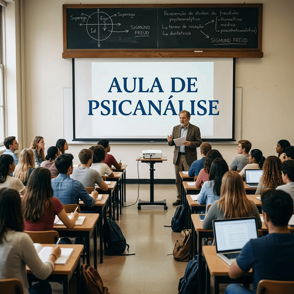 Classroom with students listening to a psychoanalysis lecture and professor speaking